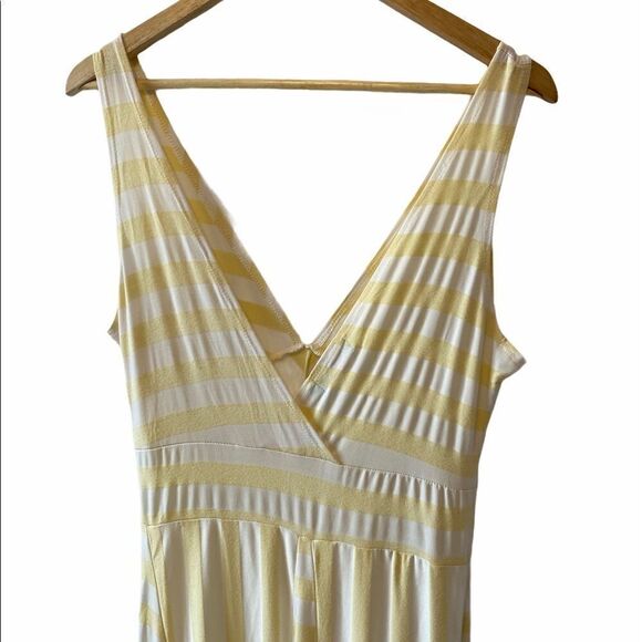 Yellow & Cream Striped Stretch Deep V MIDI Dress M - Picture 5 of 8